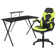 Flash Furniture BLN-X10RSG1031-GN-GG Black Gaming Desk and Green/Black Racing Chair Set with Cup Holder, Headphone Hook, and Monitor/Smartphone Stand