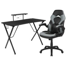 Flash Furniture BLN-X10RSG1031-GY-GG Black Gaming Desk and Gray/Black Racing Chair Set with Cup Holder, Headphone Hook, and Monitor/Smartphone Stand