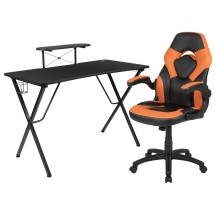 Flash Furniture BLN-X10RSG1031-OR-GG Black Gaming Desk and Orange/Black Racing Chair Set with Cup Holder, Headphone Hook, and Monitor/Smartphone Stand