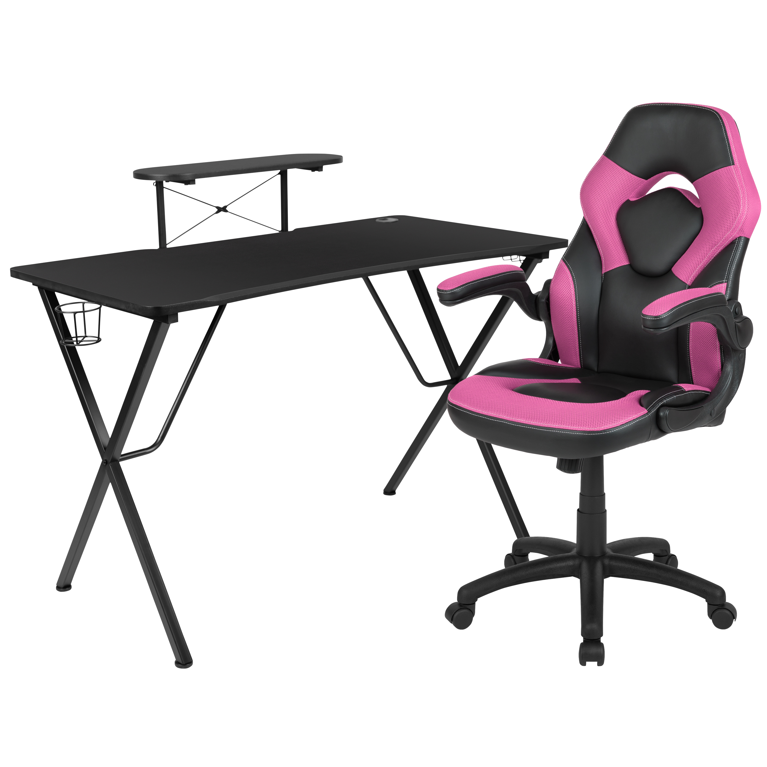 Flash Furniture BLN-X10RSG1031-PK-GG Black Gaming Desk and Pink/Black Racing Chair Set with Cup Holder, Headphone Hook, and Monitor/Smartphone Stand