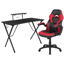Flash Furniture BLN-X10RSG1031-RD-GG Black Gaming Desk and Red/Black Racing Chair Set with Cup Holder, Headphone Hook and Monitor/Smartphone Stand