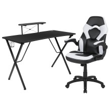 Flash Furniture BLN-X10RSG1031-WH-GG Black Gaming Desk and White/Black Racing Chair Set with Cup Holder/ Headphone Hook and Monitor/Smartphone Stand