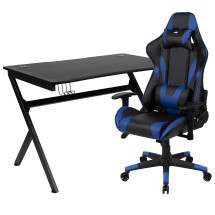 Flash Furniture BLN-X20D1904-BL-GG Black Gaming Desk and Blue/Black Reclining Gaming Chair Set with Cup Holder/ Headphone Hook/2 Wire Management Holes