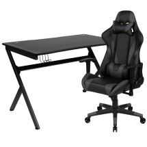 Flash Furniture BLN-X20D1904-GY-GG Black Gaming Desk and Gray/Black Reclining Gaming Chair Set with Cup Holder/ Headphone Hook/2 Wire Management Holes