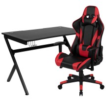 Flash Furniture BLN-X20D1904-RD-GG Black Gaming Desk and Red/Black Reclining Gaming Chair Set with Cup Holder/ Headphone Hook/2 Wire Management Holes