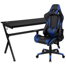 Flash Furniture BLN-X20D1904L-BL-GG Gaming Desk and Blue/Black Reclining Gaming Chair Set /Cup Holder/Headphone Hook/Removable Mouse Pad Top