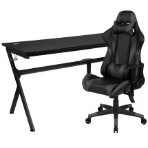 Flash Furniture BLN-X20D1904L-GY-GG Gaming Desk and Gray/Black Reclining Gaming Chair Set /Cup Holder/Headphone Hook/Removable Mouse Pad Top