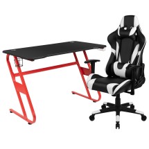 Flash Furniture BLN-X20RSG1030-BK-GG Red Gaming Desk and Black Reclining Gaming Chair Set with Cup Holder and Headphone Hook