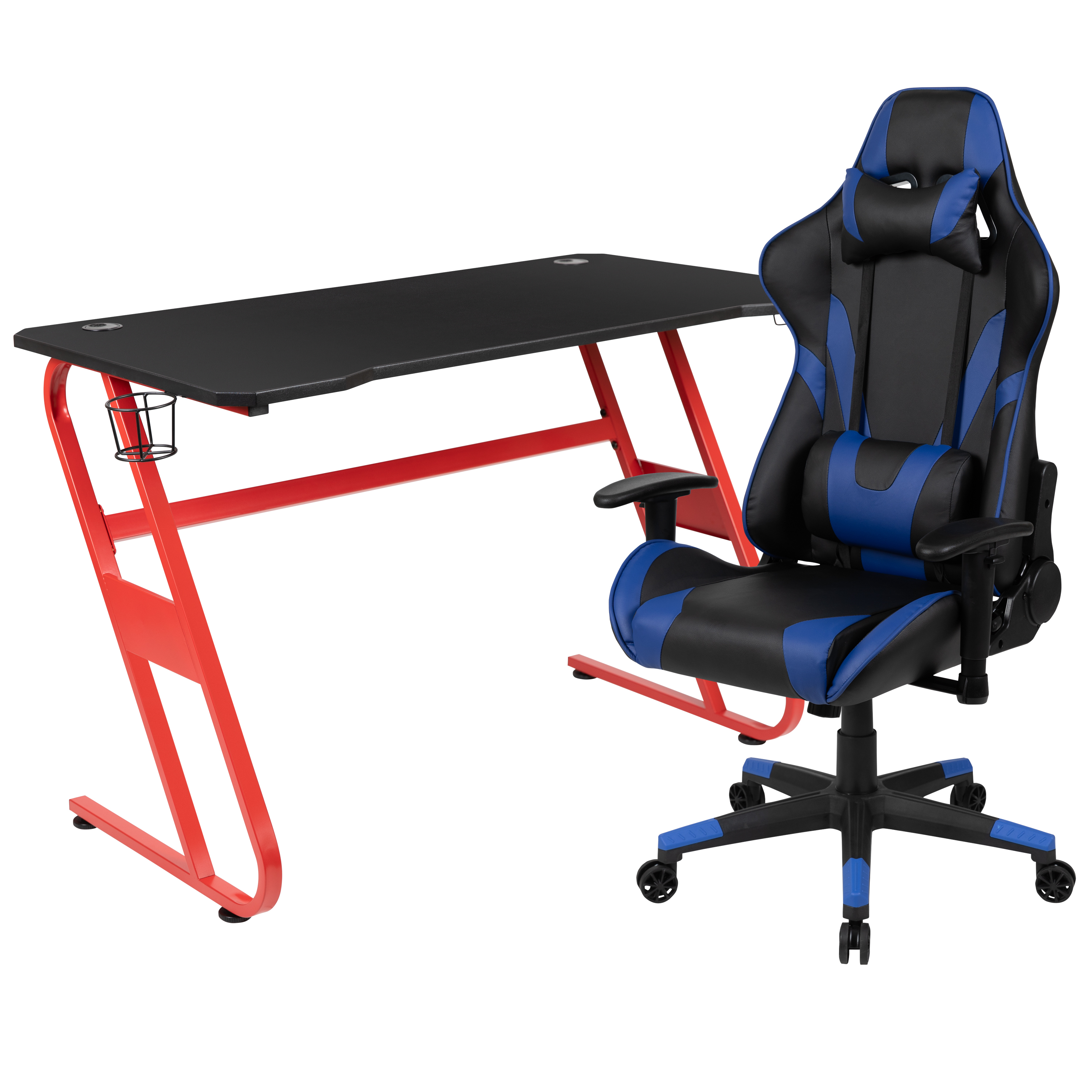 Flash Furniture BLN-X20RSG1030-BL-GG Red Gaming Desk and Blue Reclining Gaming Chair Set with Cup Holder and Headphone Hook
