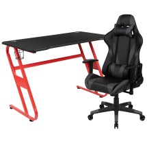 Flash Furniture BLN-X20RSG1030-GY-GG Red Gaming Desk and Gray Reclining Gaming Chair Set with Cup Holder and Headphone Hook