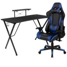 Flash Furniture BLN-X20RSG1031-BL-GG Black Gaming Desk and Blue Reclining Gaming Chair Set with Cup Holder/ Headphone Hook and Monitor/Smartphone Stand