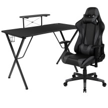 Flash Furniture BLN-X20RSG1031-GY-GG Black Gaming Desk and Gray Reclining Gaming Chair Set with Cup Holder/ Headphone Hook and Monitor/Smartphone Stand