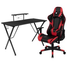 Flash Furniture BLN-X20RSG1031-RD-GG Black Gaming Desk and Red/Black Reclining Gaming Chair Set with Cup Holder/ Headphone Hook and Monitor/Smartphone Stand