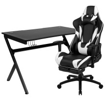 Flash Furniture BLN-X30D1904-BK-GG Black Gaming Desk and Black Footrest Reclining Gaming Chair Set with Cup Holder/ Headphone Hook/2 Wire Management Holes
