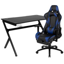 Flash Furniture BLN-X30D1904-BL-GG Black Gaming Desk and Blue Footrest Reclining Gaming Chair Set with Cup Holder/ Headphone Hook/2 Wire Management Holes