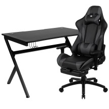 Flash Furniture BLN-X30D1904-GY-GG Black Gaming Desk and Gray Footrest Reclining Gaming Chair Set with Cup Holder/ Headphone Hook/2 Wire Management Holes