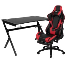 Flash Furniture BLN-X30D1904-RD-GG Black Gaming Desk and Red/Black Footrest Reclining Gaming Chair Set with Cup Holder/ Headphone Hook/2 Wire Management Holes