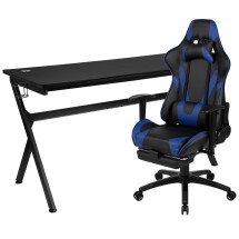 Flash Furniture BLN-X30D1904L-BL-GG Gaming Desk and Blue Footrest Reclining Gaming Chair Set - Cup Holder/Headphone Hook/Removable Mouse Pad Top/Wire Management