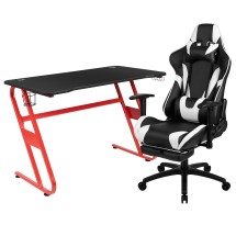 Flash Furniture BLN-X30RSG1030-BK-GG Red Gaming Desk and Black Footrest Reclining Gaming Chair Set with Cup Holder and Headphone Hook