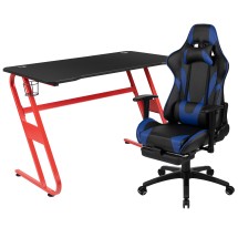 Flash Furniture BLN-X30RSG1030-BL-GG Red Gaming Desk with Cup Holder/Headphone Hook & Blue Reclining Gaming Chair with Footrest