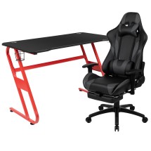 Flash Furniture BLN-X30RSG1030-GY-GG Red Gaming Desk with Cup Holder/Headphone Hook/Gray Reclining Gaming Chair with Footrest