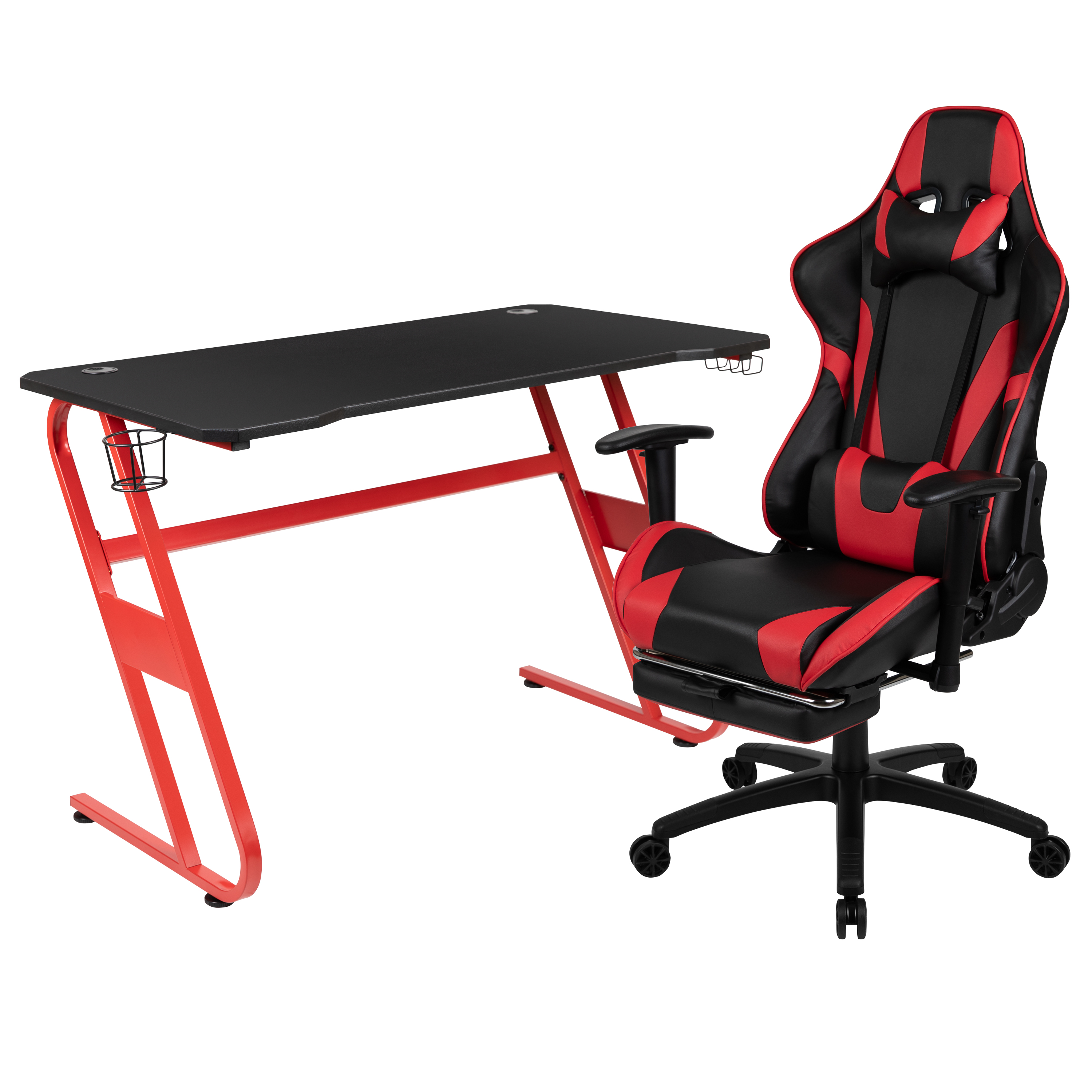 Flash Furniture BLN-X30RSG1030-RD-GG Red Gaming Desk and Red/Black Footrest Reclining Gaming Chair Set with Cup Holder and Headphone Hook