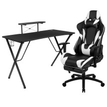 Flash Furniture BLN-X30RSG1031-BK-GG Black Gaming Desk and Black Footrest Reclining Gaming Chair Set with Cup Holder/ Headphone Hook and Monitor/Smartphone Stand