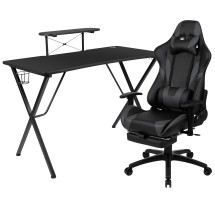 Flash Furniture BLN-X30RSG1031-GY-GG Black Gaming Desk with Cup Holder/Headphone Hook and Monitor/Smartphone Stand & Gray Reclining Gaming Chair with Footrest