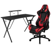 Flash Furniture BLN-X30RSG1031-RD-GG Black Gaming Desk and Red/Black Footrest Reclining Gaming Chair Set with Cup Holder/ Headphone Hook//Monitor/Smartphone Stand