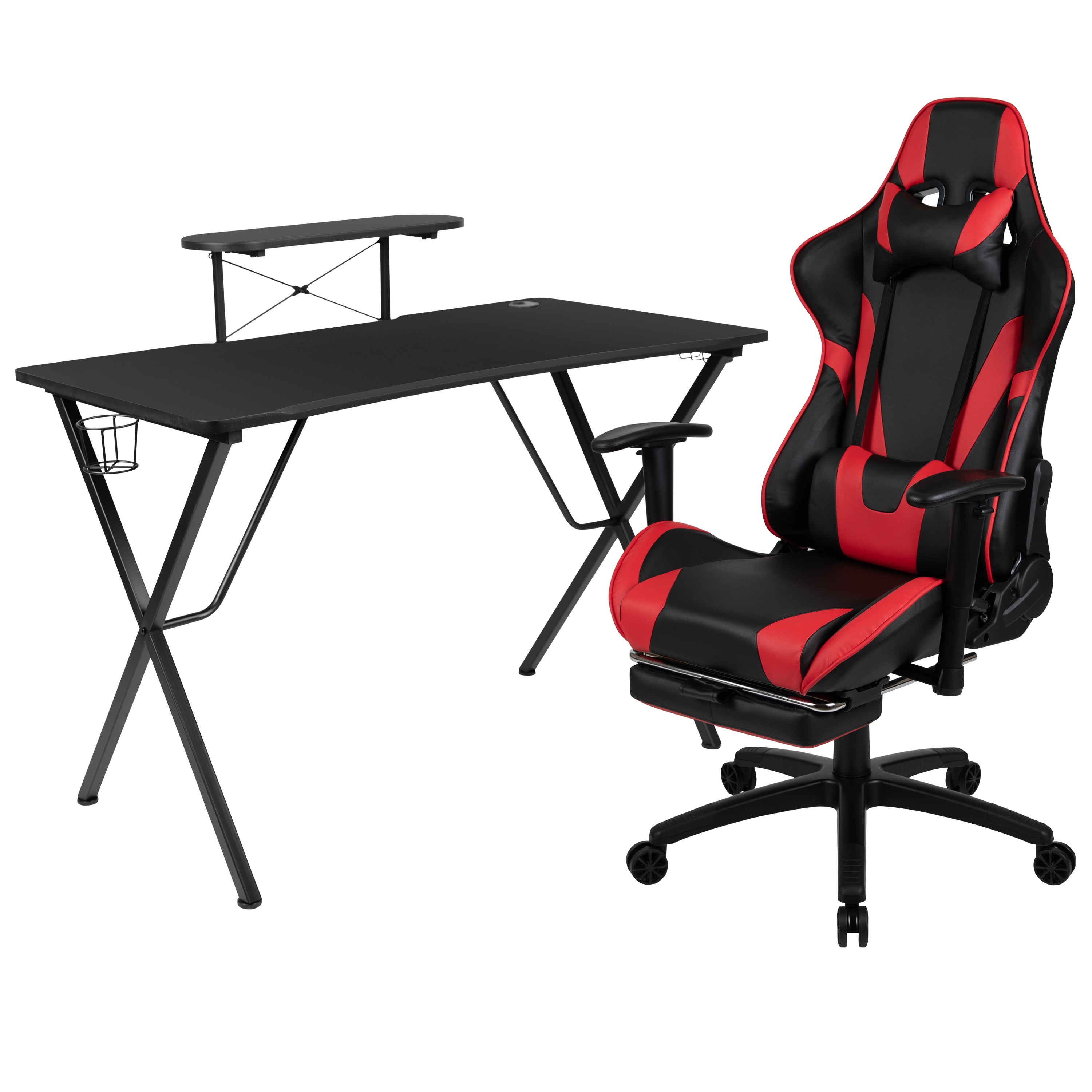 Flash Furniture BLN-X30RSG1031-RD-GG Black Gaming Desk and Red/Black Footrest Reclining Gaming Chair Set with Cup Holder/ Headphone Hook//Monitor/Smartphone Stand