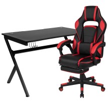 Flash Furniture BLN-X40D1904-RD-GG Black Gaming Desk with Cup Holder/Headphone Hook/2 Wire Management Holes & Red Reclining Back/Arms Gaming Chair with Footrest