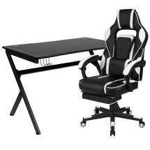 Flash Furniture BLN-X40D1904-WH-GG Black Gaming Desk with Cup Holder/Headphone Hook/2 Wire Management Holes & White Reclining Back/Arms Gaming Chair with Footrest