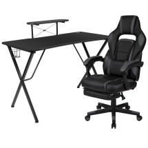 Flash Furniture BLN-X40RSG1031-BK-GG Black Gaming Desk with Cup Holder/Headphone Hook/Monitor Stand & Black Reclining Back/Arms Gaming Chair with Footrest