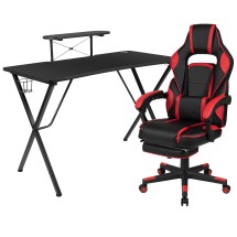 Flash Furniture BLN-X40RSG1031-RED-GG Black Gaming Desk with Cup Holder/Headphone Hook/Monitor Stand & Red Reclining Back/Arms Gaming Chair with Footrest