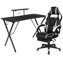 Flash Furniture BLN-X40RSG1031-WH-GG Black Gaming Desk with Cup Holder/Headphone Hook/Monitor Stand & White Reclining Back/Arms Gaming Chair with Footrest