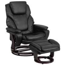 Flash Furniture BT-70222-BK-FLAIR-GG Contemporary Black LeatherSoft Multi-Position Recliner and Ottoman with Swivel Mahogany Wood Base