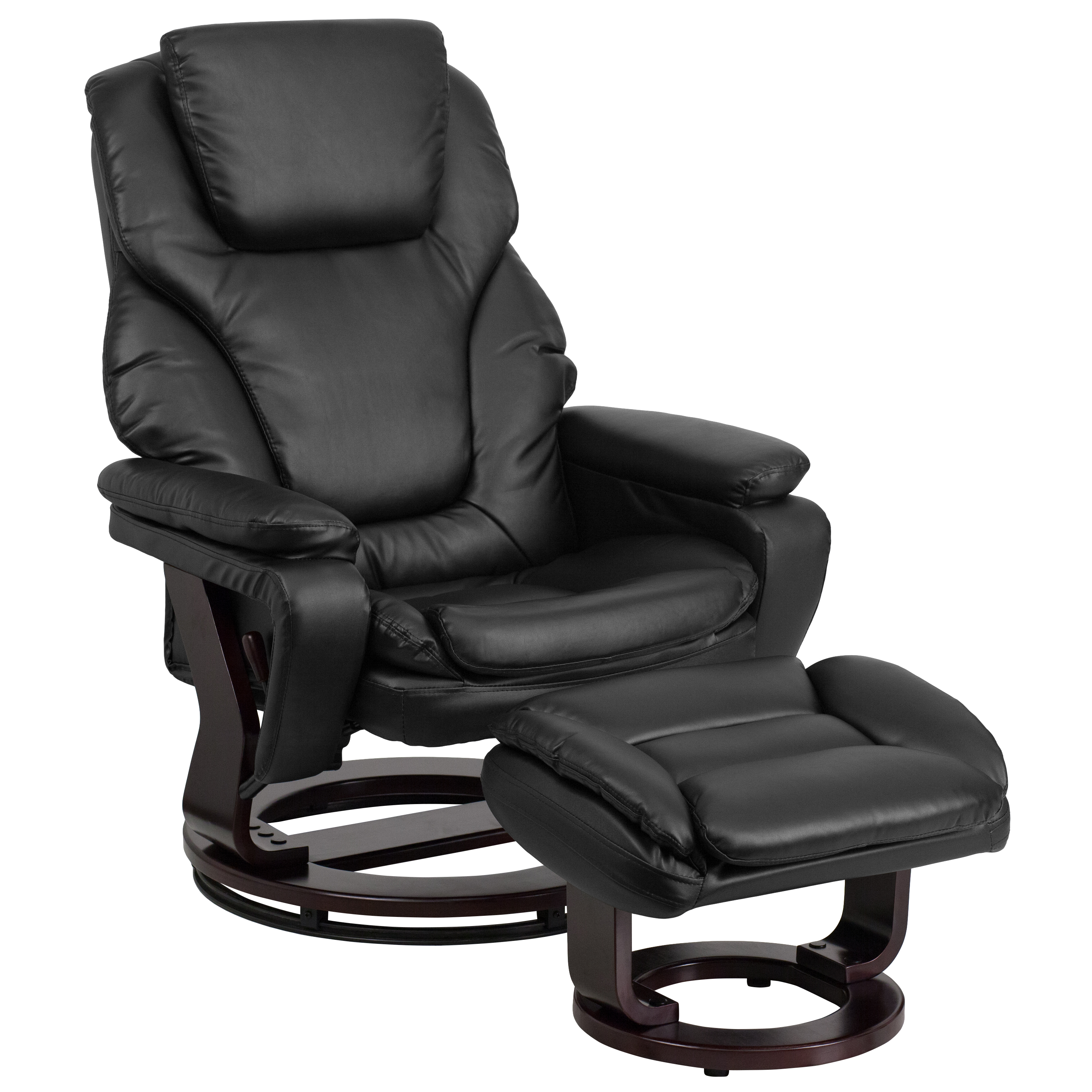 Flash Furniture BT-70222-BK-FLAIR-GG Contemporary Black LeatherSoft Multi-Position Recliner and Ottoman with Swivel Mahogany Wood Base