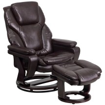 Flash Furniture BT-70222-BRN-FLAIR-GG Contemporary Brown LeatherSoft Multi-Position Recliner and Ottoman with Swivel Mahogany Wood Base