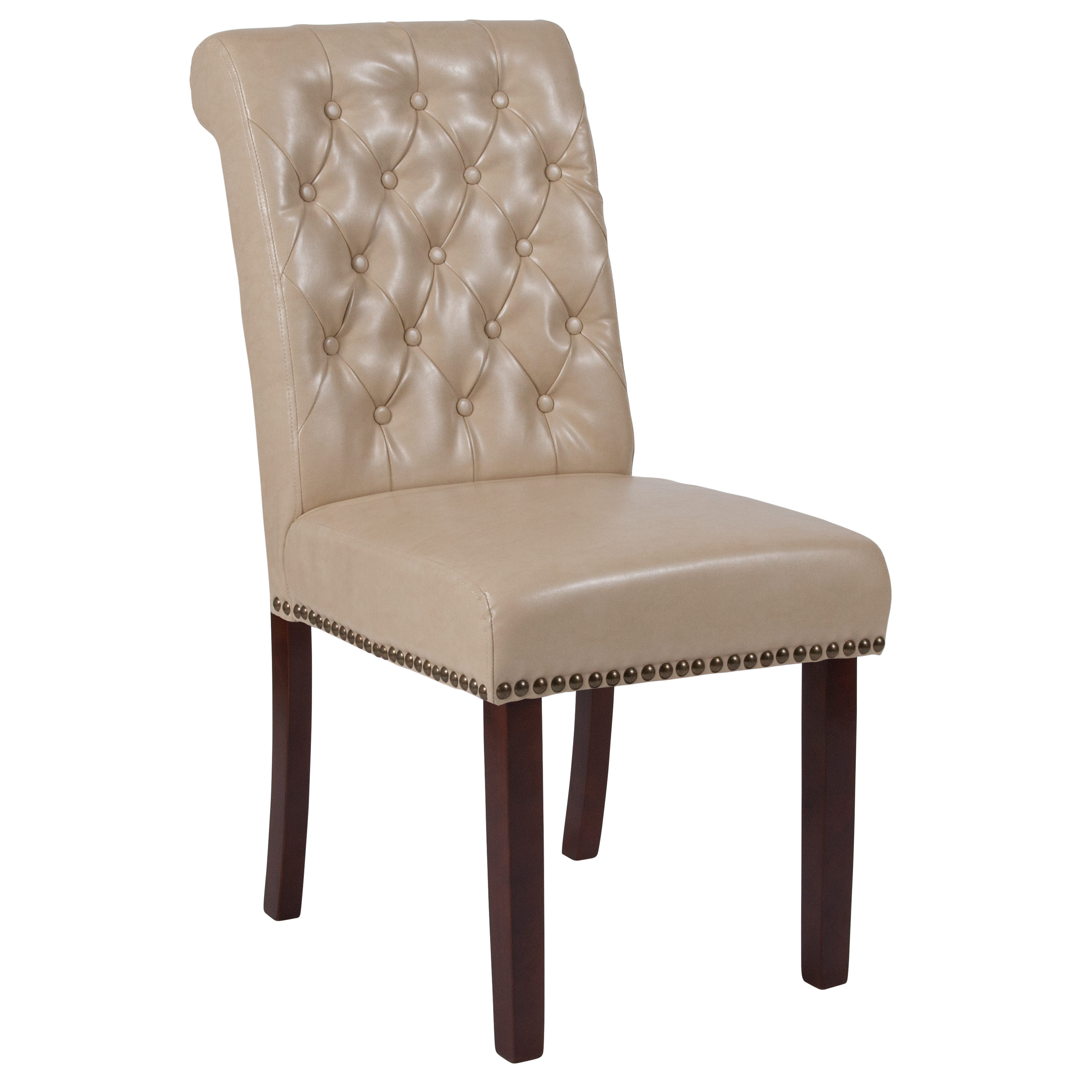 Flash Furniture BT-P-BG-LEA-GG Hercules Beige LeatherSoft Parsons Chair with Rolled Back, Accent Nail Trim and Walnut Finish