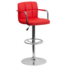 Flash Furniture CH-102029-RED-GG Contemporary Red Quilted Vinyl Adjustable Height Barstool with Arms and Chrome Base