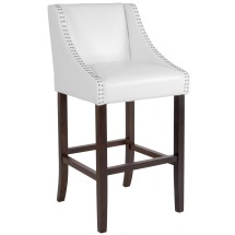 Flash Furniture CH-182020-30-WH-GG 30" Transitional Walnut Barstool with Accent Nail Trim in White LeatherSoft