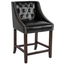 Flash Furniture CH-182020-T-24-BK-GG 24''H Transitional Tufted Walnut Counter Height Stool with Accent Nail Trim in Black LeatherSoft