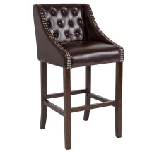 Flash Furniture CH-182020-T-30-BN-GG 30&quot; Transitional Tufted Walnut Barstool with Accent Nail Trim in Brown LeatherSoft