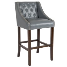 Flash Furniture CH-182020-T-30-LTGY-GG 30&quot; Transitional Tufted Walnut Barstool with Accent Nail Trim in Light Gray LeatherSoft