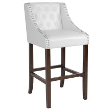 Flash Furniture CH-182020-T-30-WH-GG 30" Transitional Tufted Walnut Barstool with Accent Nail Trim in White LeatherSoft