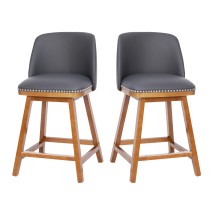 Flash Furniture CH-192162X000PU-24-GY-GG Transitional 24" Gray LeatherSoft Counter Stool with Silver Nailhead Trim, Walnut Wood Frame, Set of 2