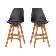 Flash Furniture CH-210925-7-BK-GG Commercial 27" Black Plastic Backrest Leathersoft Padded Seat Counter Stool with Walnut Wood Frame, Set of 2