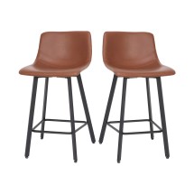 Flash Furniture CH-212069-24-BR-GG Modern Armless 24" Cognac LeatherSoft Counter Height Stool, Black Metal Frame, Set of 2