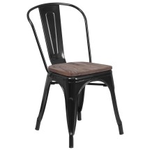 Flash Furniture CH-31230-BK-WD-GG Black Metal Stackable Chair with Wood Seat