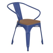 Flash Furniture CH-31270-BL-PL1T-GG Blue Metal Indoor/Outdoor Chair with Arms with Teak Poly Resin Wood Seat